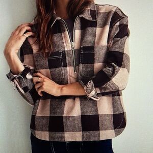 New! Madewell Waffle Half Zip Popover Shirt Plaid in Sandstone Size XXS